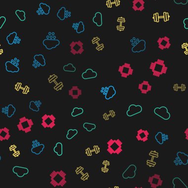 Set line Cloud with rain, , Dumbbell and Processor CPU on seamless pattern. Vector.