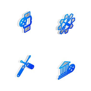 Set Isometric line Wrench and screwdriver in gear, Smartwatch service, Crossed screwdrivers and Bank building icon. Vector.