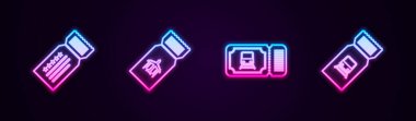 Set line Ticket, Airline ticket, Train and . Glowing neon icon. Vector.
