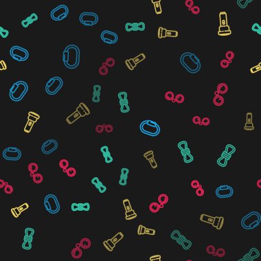 Set line Carabiner, Climber rope, Flashlight and Binoculars on seamless pattern. Vector.