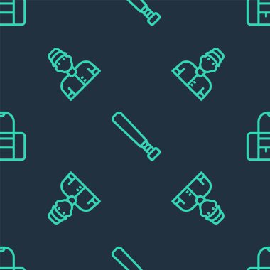 Set line Baseball bat, player and Sport bag on seamless pattern. Vector.