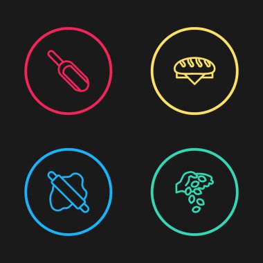 Set line Rolling pin on dough, Seed, Bread loaf and Scoop flour icon. Vector.