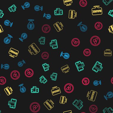 Set line Cash location, Mobile banking, Bank building and Gold bars on seamless pattern. Vector.