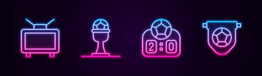 Set line Football match on TV, Award cup and football, Sport mechanical scoreboard and flag pennant. Glowing neon icon. Vector.