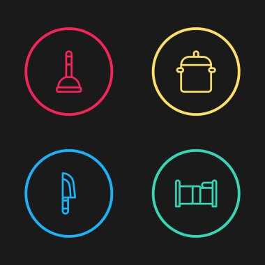 Set line Knife Bed Cooking pot and Rubber plunger icon. Vector.