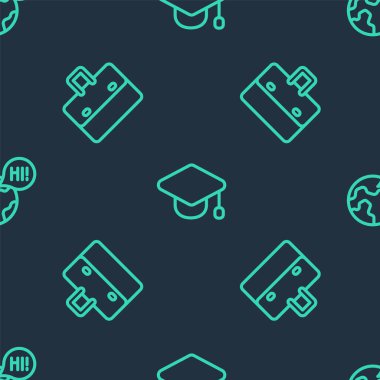 Set line Graduation cap Briefcase and Learning foreign languages on seamless pattern. Vector.