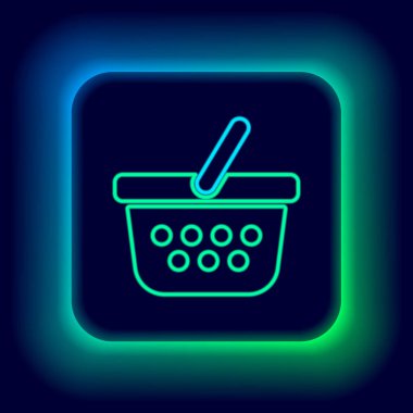 Parlayan neon hattı alışveriş sepeti simgesi siyah arkaplanda izole edildi. İnternetten satın alma konsepti. Servis tabelası. Alışveriş arabası sembolü. Renkli taslak konsepti. Vektör