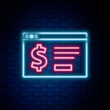 Glowing neon line Online banking with dollar icon isolated on brick wall background. Sending money around the world, money transfer, financial transaction. Colorful outline concept. Vector