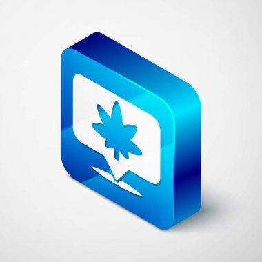 Gri arkaplanda izole edilmiş Isometric Harita İşaretleyici ve marihuana veya kenevir yaprağı ikonu. Kenevir sembolü. Mavi kare düğme. Vektör İllüstrasyonu.