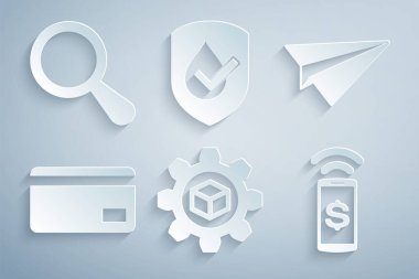 Set Product development, Paper plane, Credit card, Contactless payment, Waterproof and Magnifying glass icon. Vector