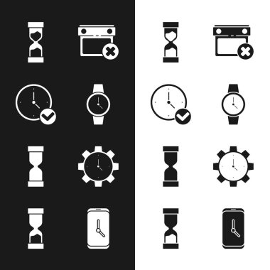 Set Wrist watch, Clock, Old hourglass, Calendar date delete, Time Management, Alarm clock app mobile and  icon. Vector