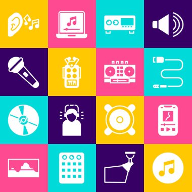 Set Music note, tone, player, Audio jack, Guitar amplifier, Microphone, Ear listen sound signal and DJ remote and mixing music icon. Vector