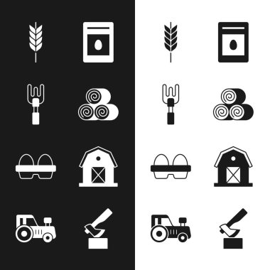 Set Roll of hay, Garden rake, Wheat, Pack full seeds plant, Chicken egg in box, Farm house, Wooden axe and Tractor icon. Vector