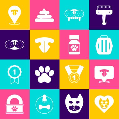 Set Heart with cat, Cat nose, Pet carry case, tooth,  and Medicine bottle and pills icon. Vector