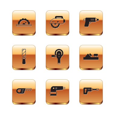 Set Electric circular saw, Reciprocating, sander, Angle grinder, Rasp metal file, cordless screwdriver, Rotary hammer drill machine and  icon. Vector