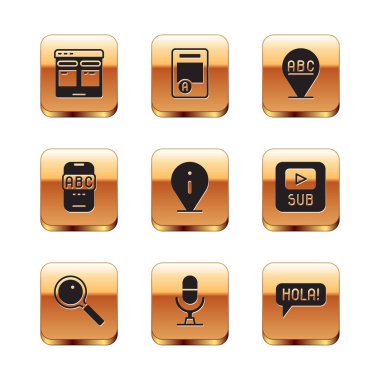 Set Online translator, Magnifying glass, Microphone voice device, Information, Foreign language online study, Alphabet, Hola different languages and Exam sheet with plus grade icon. Vector