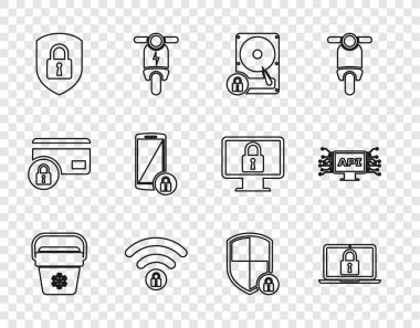 Set line Cooler bag, Laptop and lock, Hard disk drive, Wifi locked, Shield security with, Smartphone,  and Computer api interface icon. Vector