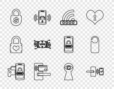 Set line Smart car security system, Digital door lock with wireless, Wifi locked, Money, VPN microchip circuit, Keyhole eye and Please not disturb icon. Vector