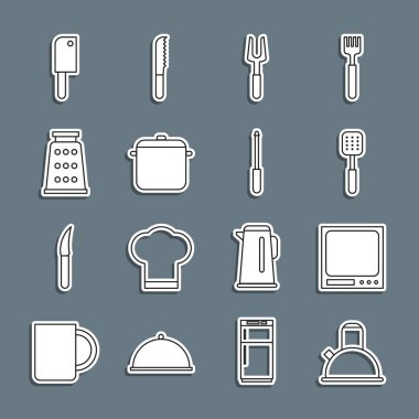 Set line Kettle with handle, Electronic scales, Spatula, Barbecue fork, Cooking pot, Grater, Meat chopper and Knife sharpener icon. Vector