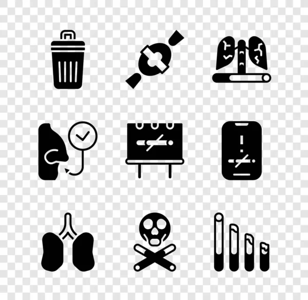 Set Trash can, Candy, Disease lungs, Lungs, Bones skull, Smoking cigarette, Healthy breathing and No smoking icon. Vector