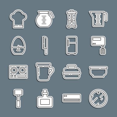 Set line Cutting board, Bowl, Electric mixer, Blender, Knife, Kitchen timer, Chef hat and Refrigerator icon. Vector