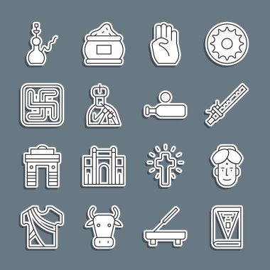 Set line India constitution day, Indian man, Bamboo flute indian, symbol hand, plays, Hindu swastika, Hookah and Wood cricket bat ball icon. Vector