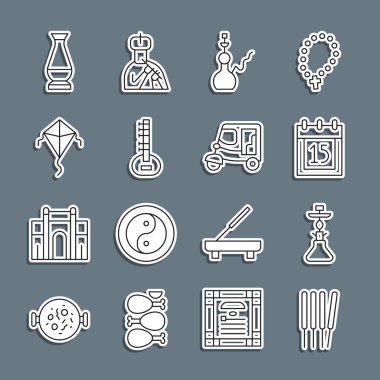 Set line Aroma sticks, incense, Hookah, Independence day India, Sitar, Kite, Indian vase and Taxi tuk tuk icon. Vector