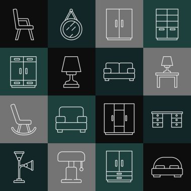 Set line Big bed, Office desk, Table lamp on table, Wardrobe, Armchair and Sofa icon. Vector