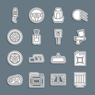 Set line Car air filter, Canister for gasoline, Paint spray gun, seat, key with remote, wheel, muffler and  icon. Vector