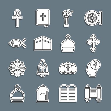 Set line Decree, paper, parchment, scroll, Cross ankh, Christian cross, Aspergillum, Kaaba mosque, fish,  and Church tower icon. Vector