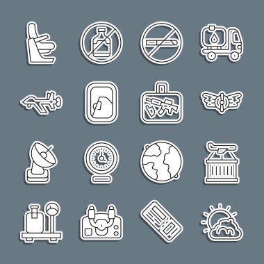 Set line Sun and cloud weather, Plane, Aviation emblem, No Smoking, Airplane window, UAV Drone, seat and Suitcase icon. Vector