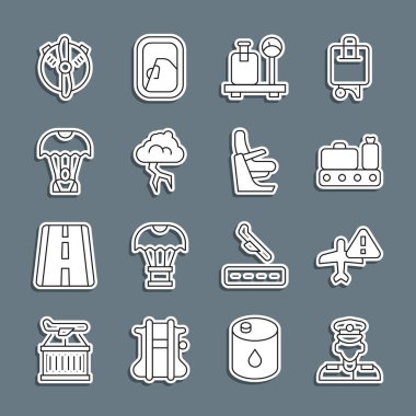 Set line Pilot, Warning aircraft, Conveyor belt with suitcase, Scale, Storm, Parachute, Plane propeller and Airplane seat icon. Vector