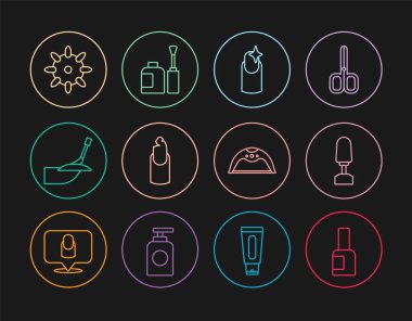 Set line Bottle of nail polish, Milling cutter for manicure, Nail, Broken, Manicure, False nails, lamp and  icon. Vector