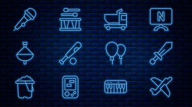 Set line Toy plane, Sword toy, truck, Baseball bat with ball, Whirligig, Microphone, Balloons and Drum drum sticks icon. Vector