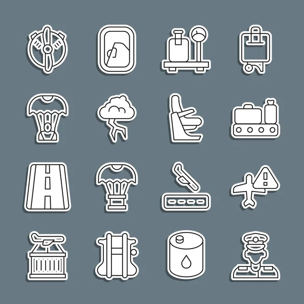 Set line Pilot, Warning aircraft, Conveyor belt with suitcase, Scale, Storm, Parachute, Plane propeller and Airplane seat icon. Vector