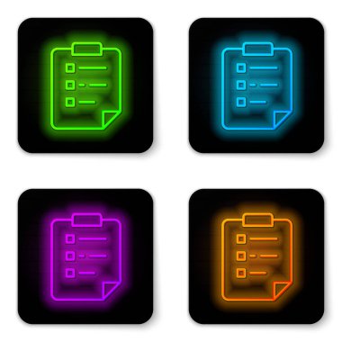 Glowing neon line Clipboard with checklist icon isolated on white background. Control list symbol. Survey poll or questionnaire feedback form. Black square button. Vector
