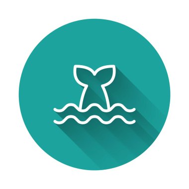 White line Whale tail in ocean wave icon isolated with long shadow background. Green circle button. Vector