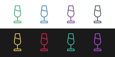 Siyah ve beyaz arkaplanda izole edilmiş şarap kadehi simgesi ayarla. Şarap kadehi işareti. Vektör