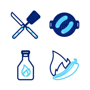 Set line Hot chili pepper pod, Ketchup bottle, Barbecue grill with sausage and Crossed knife and spatula icon. Vector