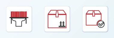 Set line Package box with check mark, Scanner scanning bar code and Cardboard traffic icon. Vector