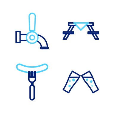 Set line Glass of beer, Sausage on the fork, Picnic table with benches and Beer tap icon. Vector