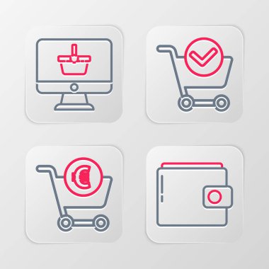 Set line Wallet, Shopping cart and euro, with check mark and Monitor shopping basket icon. Vector