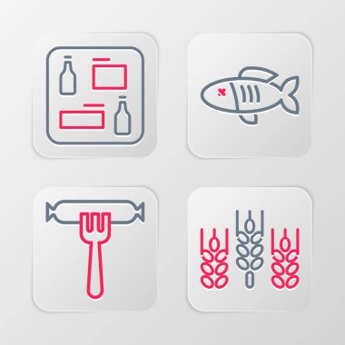 Set line Wheat, Sausage on the fork, Dried fish and Beer menu icon. Vector