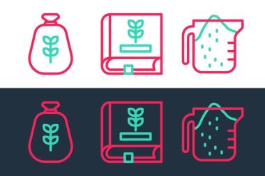 Set line Measuring cup, Bag of flour and Book about seeds icon. Vector