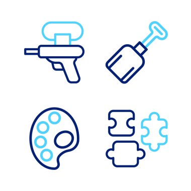Set line Puzzle pieces toy, Palette, Shovel and Water gun icon. Vector