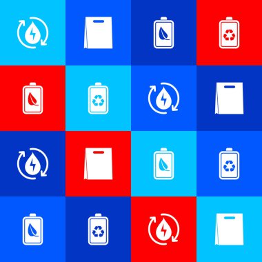 Set Recycle clean aqua, Shopping bag, Eco nature leaf and battery and Battery with recycle icon. Vector.