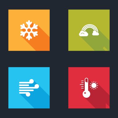 Set Snowflake, Rainbow with clouds, Wind and Meteorology thermometer icon. Vector.