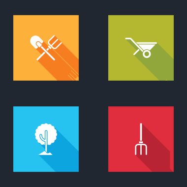 Set Shovel and rake, Wheelbarrow, Tree and Garden pitchfork icon. Vector.