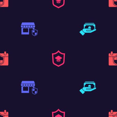 Set Stacks paper money cash, Shopping building with shield, Graduation cap and Calendar on seamless pattern. Vector.