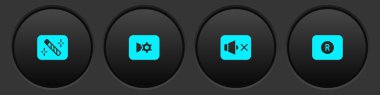 Set Photo retouching, Music or video settings, Speaker mute and Record button icon. Vector